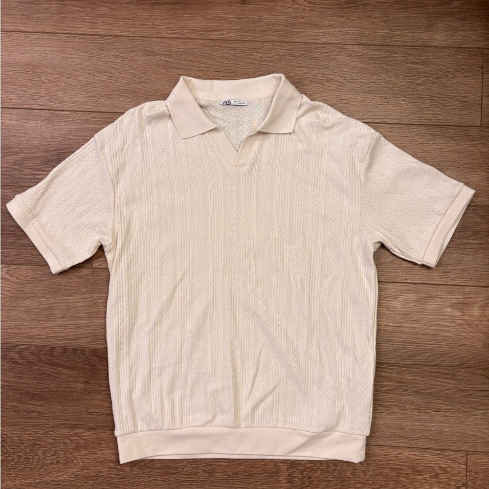 Zara Men's Cream Polo Shirt Small